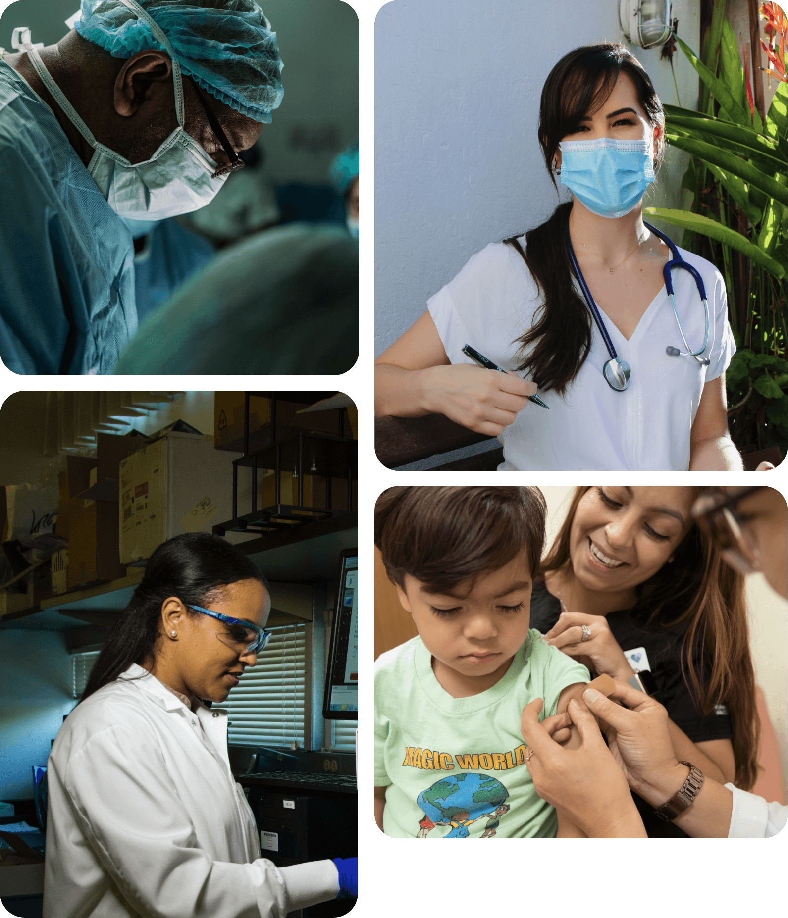 Medical professionals working with patients and in surgical and laboratory settings.