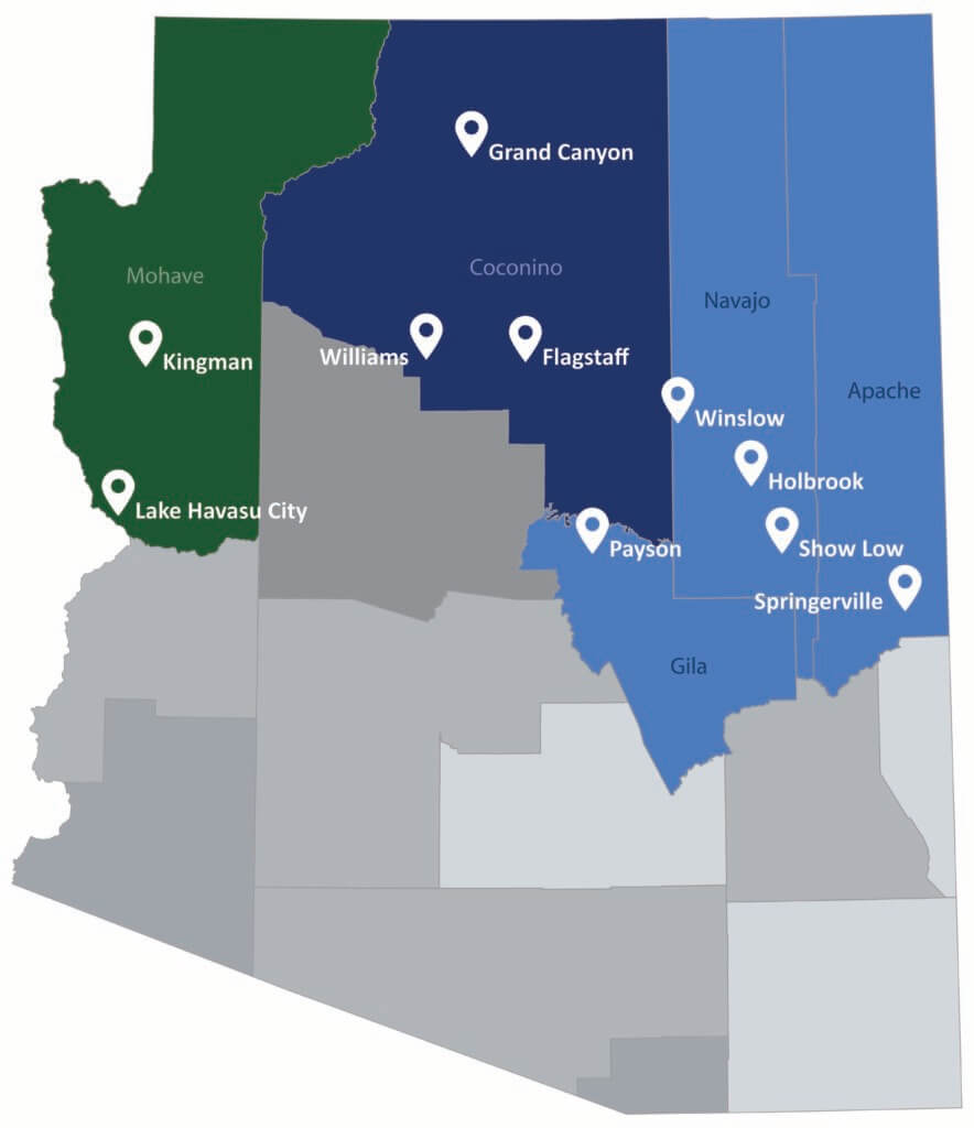 Map of Arizona showing counties, and Elk Ridge Community Health Locations in Kingman, Lake Havasu City, Williams, Grand Canyon, Flagstaff, Payton, Winslow, Holbrook, Show Low, and Springerville.
